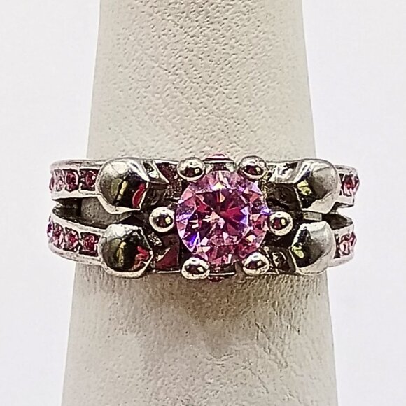 Unbranded Jewelry - Vintage Women's Silver Plated Pink Tourmaline Ring Size 6 Double Band Wedding